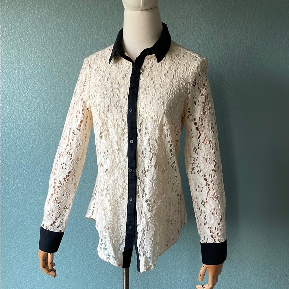 Anthropologie Lace Button-Down Shirt - White and Black